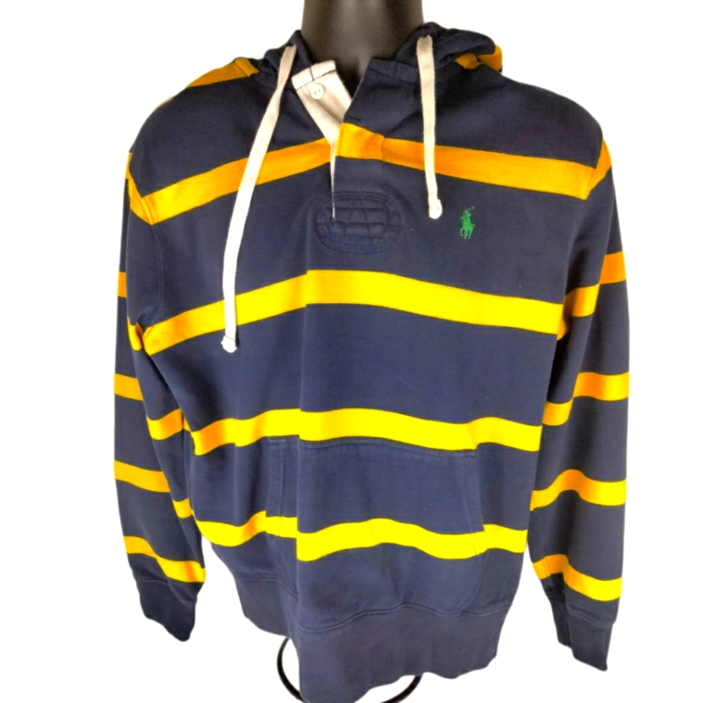 Men Large Ralph Lauren Blue w/ Stip yellow pullover hoodie